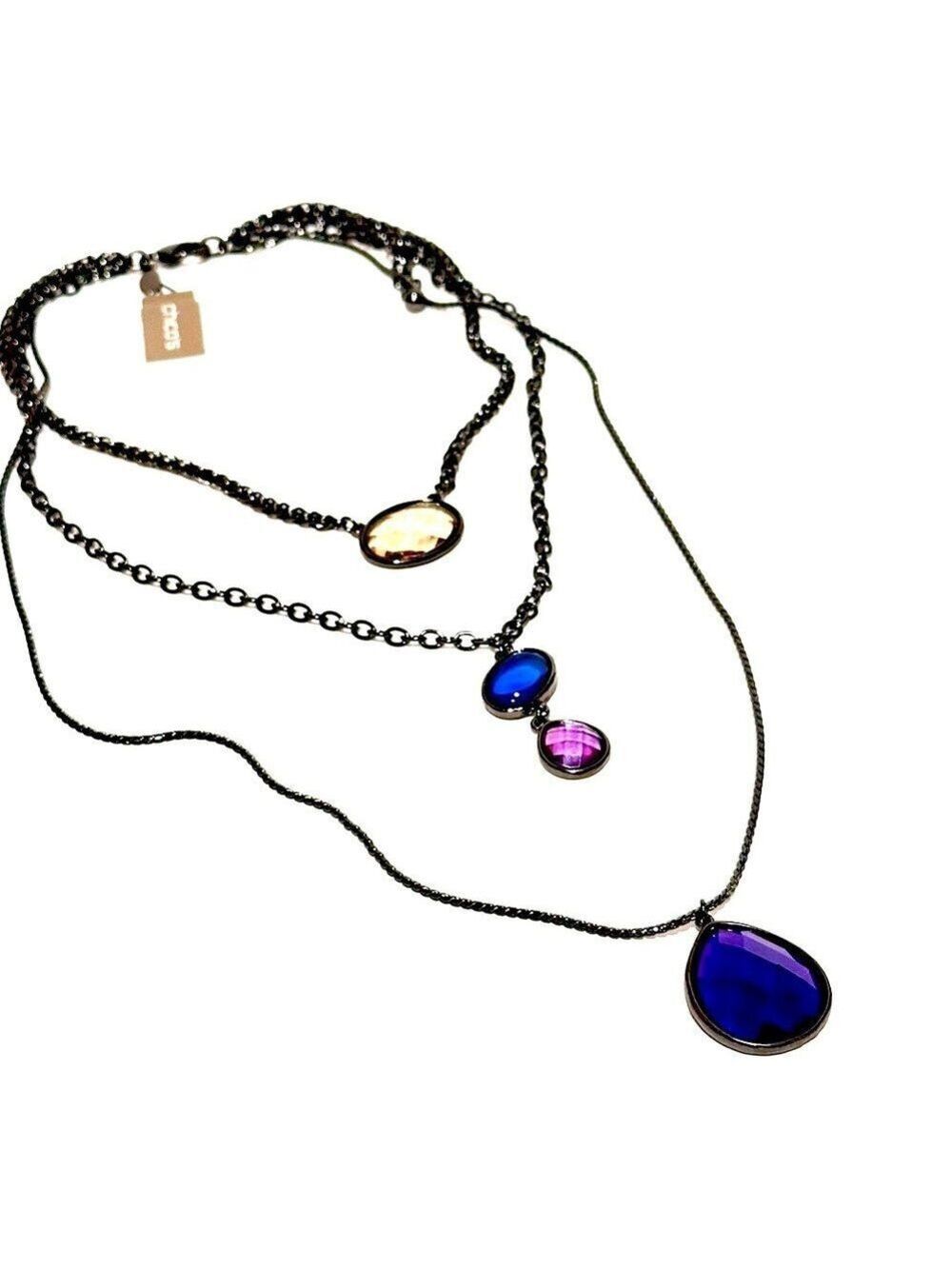 CHICO’s Layered Gunmetal Yellow, Purple & Blue Crystal Necklace NWT​